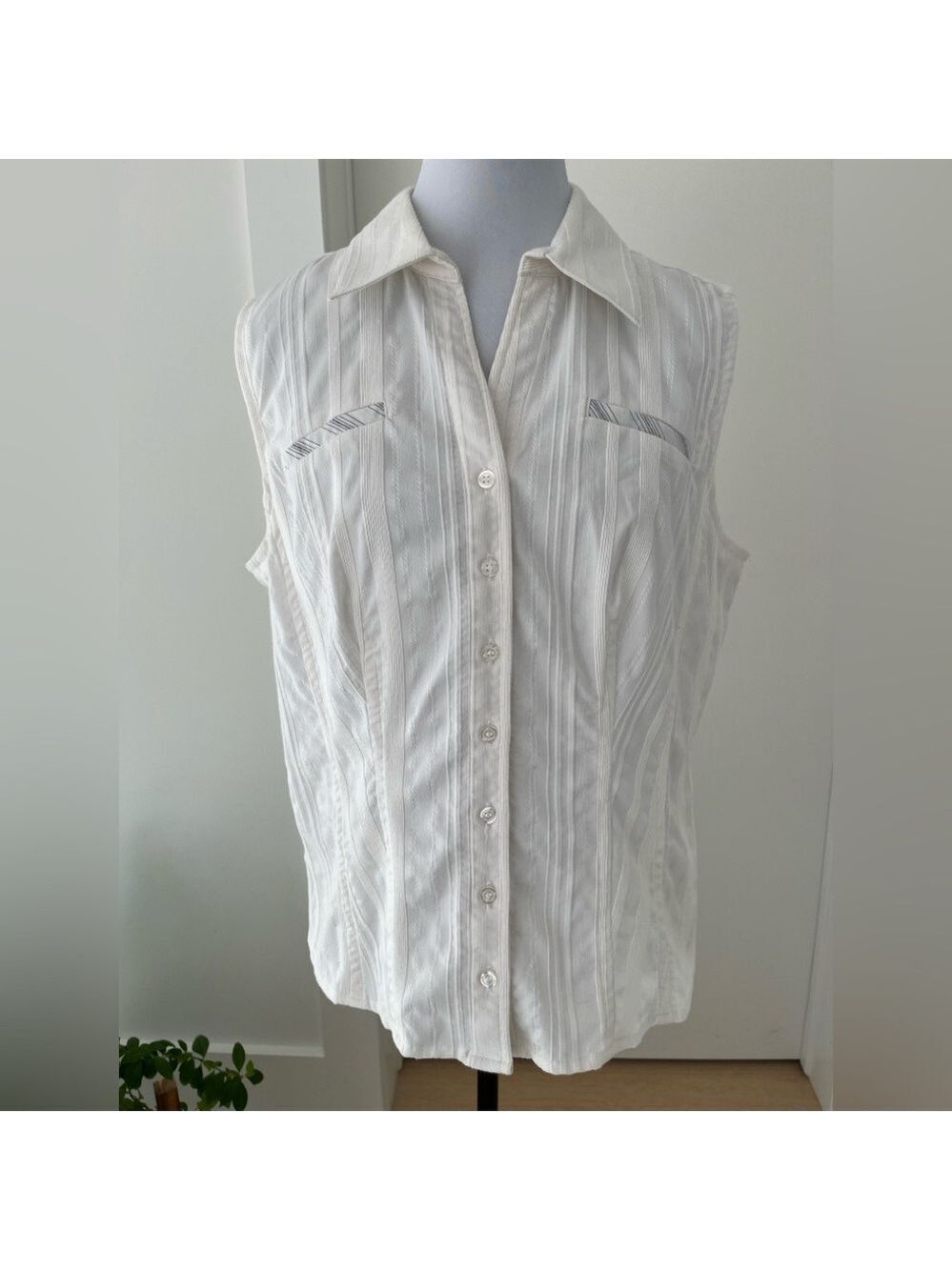 TERRA NOSTRA Collection Sleeveless Button Front Blouse Textured Stripes Classic